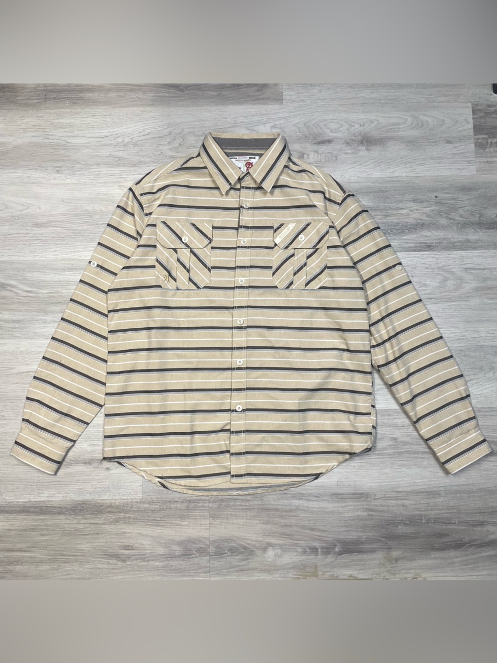 Akademiks Beige and Black Striped Casual Button-Down Shirt